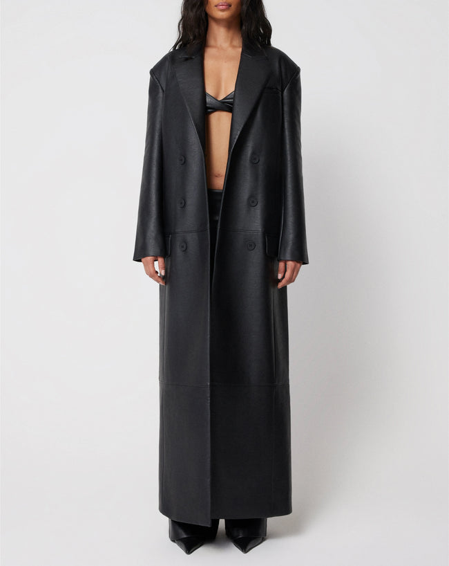 Faux Leather Double Breasted Long Coat | Black