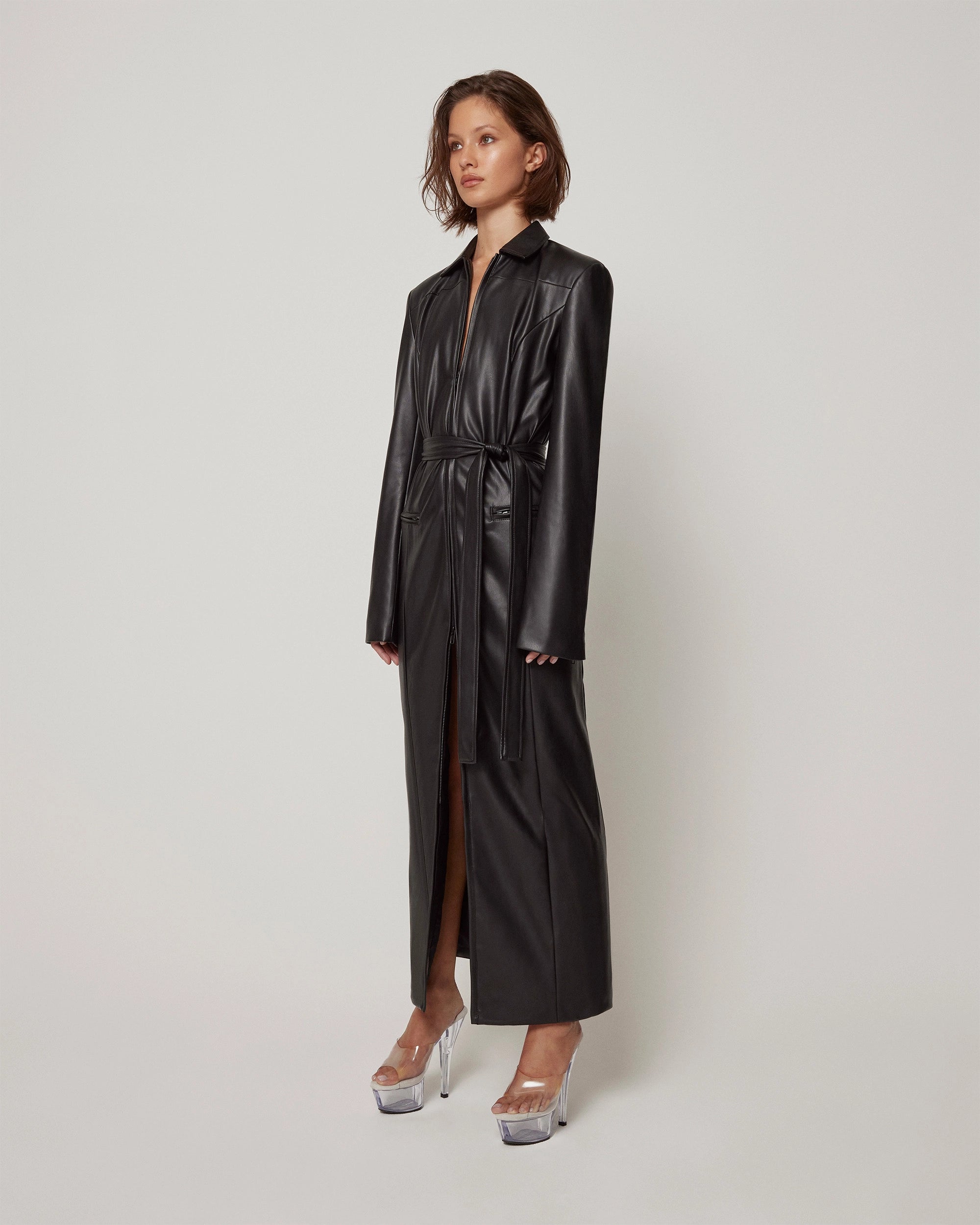 Faux Leather Collared Coat | Black