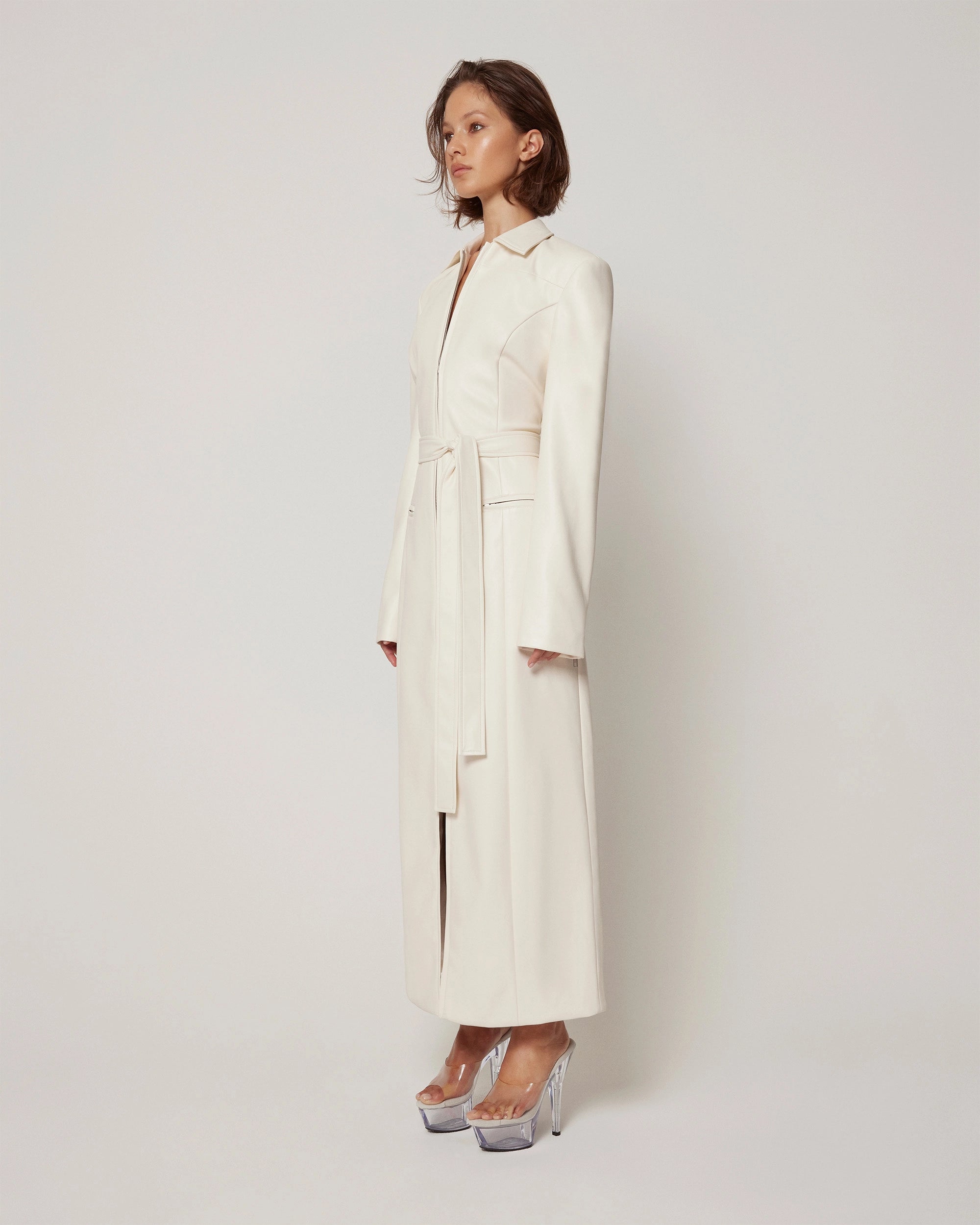 Faux Leather Collared Coat | Chalk