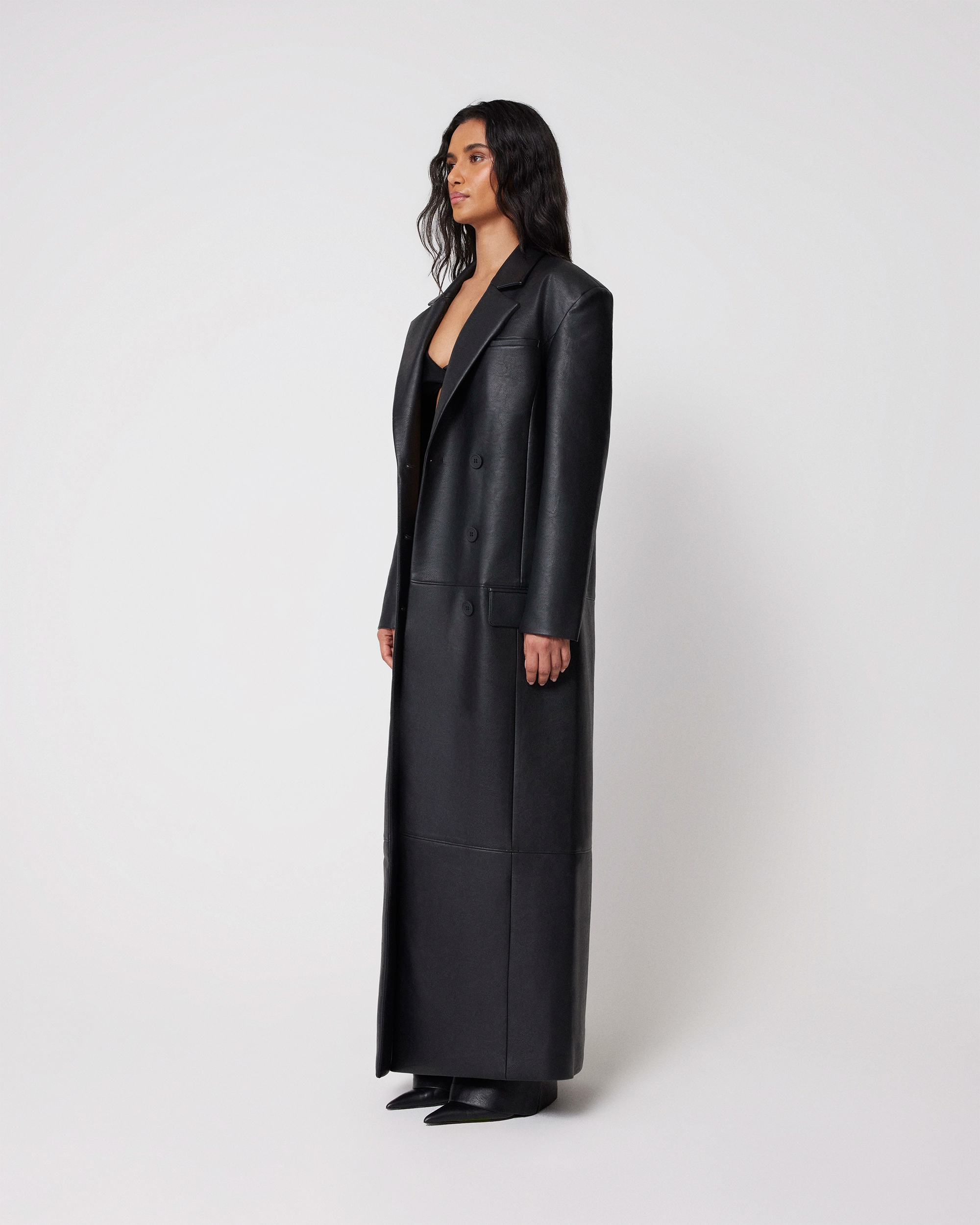 Faux Leather Double Breasted Long Coat | Black